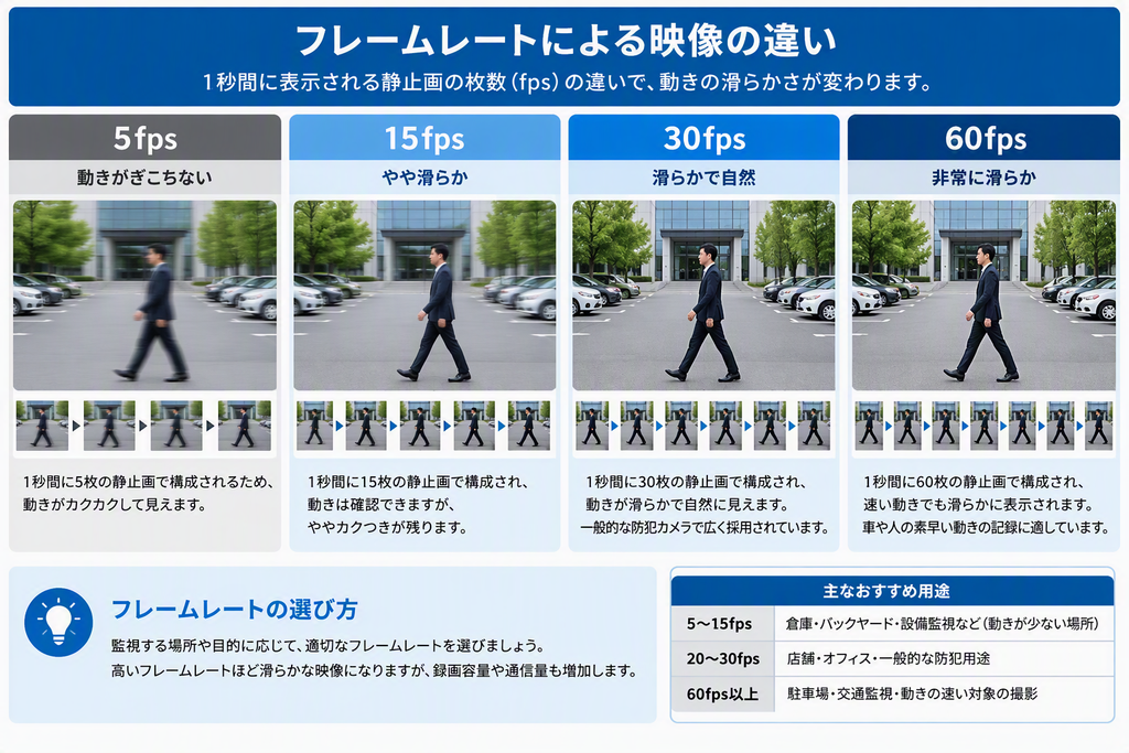 防犯カメラのフレームレート比較図。5fps、15fps、30fps、60fpsの違いと、映像の滑らかさ、録画容量、推奨用途の違いを解説。